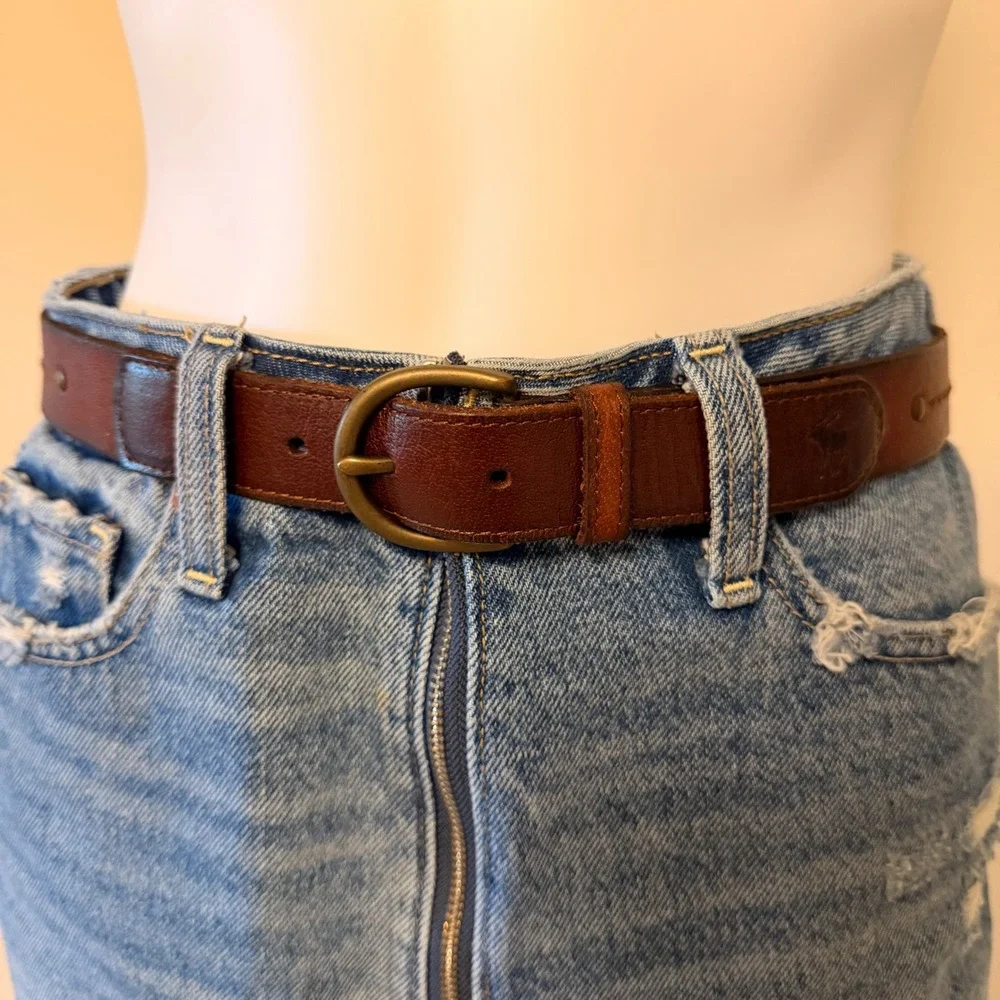 Abercrombie & Fitch Women's Brown Leather Whipstitch Belt Brass Buckle Size S/M